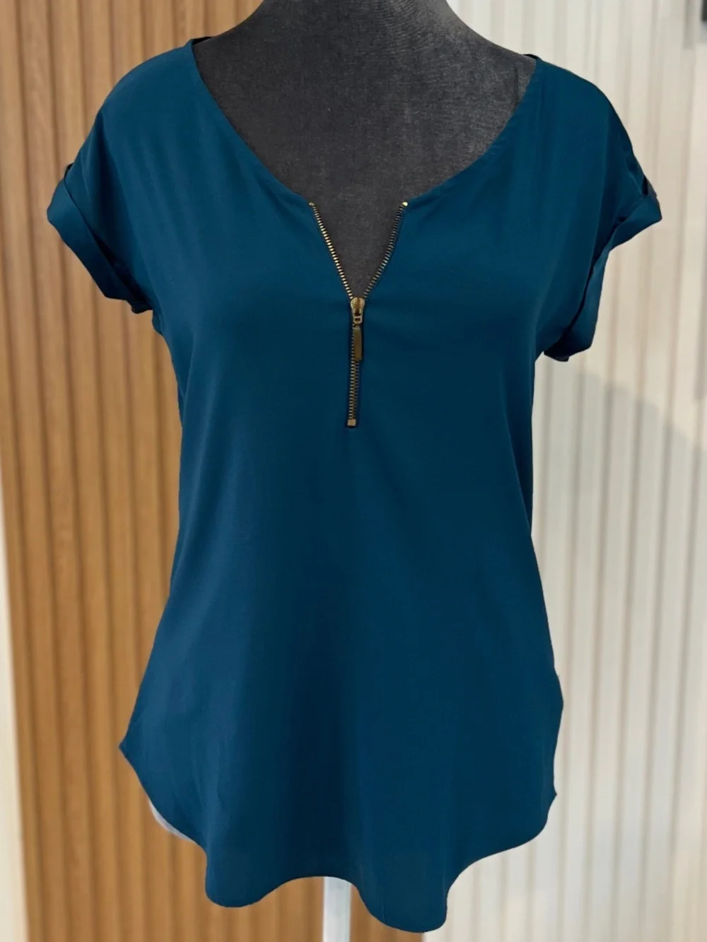 Express Teal Zip Front Blouse XS | Flowy V-Neck Work Top Minimal Chic